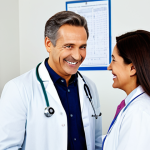 **Prompt:** A friendly family doctor, fully clothed in a professional lab coat, smiling reassuringly at a mature patient during a regular check-up. The examination room is clean and well-lit. Background includes medical charts and equipment. Safe for work, appropriate content, perfect anatomy, natural pose, professional, family-friendly.