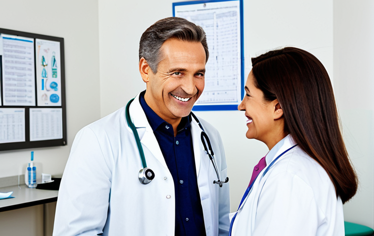 **Prompt:** A friendly family doctor, fully clothed in a professional lab coat, smiling reassuringly at a mature patient during a regular check-up. The examination room is clean and well-lit. Background includes medical charts and equipment. Safe for work, appropriate content, perfect anatomy, natural pose, professional, family-friendly.