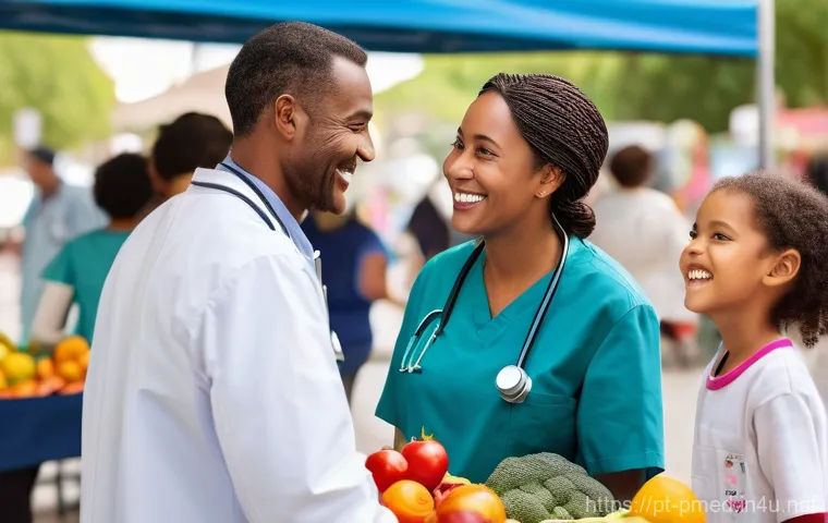 예방의학 실기 시험 기출 문제 - **Prompt:** A vibrant and bustling outdoor community health fair taking place in a sun-drenched town...