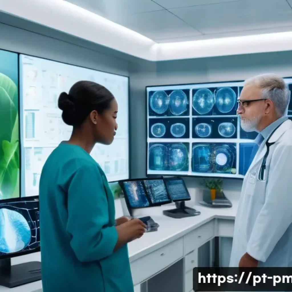 예방의학 분야 국제 학술대회 정보 - A modern healthcare setting showing a diverse group of medical professionals analyzing AI-driven dia...