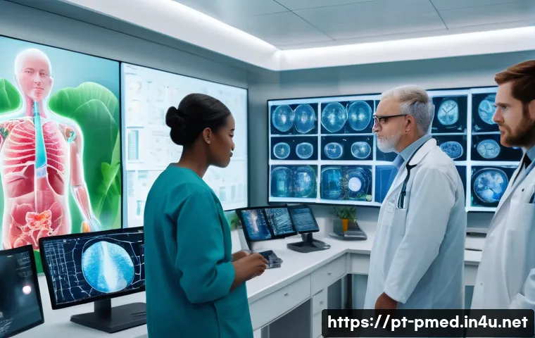 예방의학 분야 국제 학술대회 정보 - A modern healthcare setting showing a diverse group of medical professionals analyzing AI-driven dia...