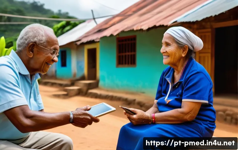 예방의학 직무에서의 문제 해결 사례 - A community health worker in a rural Brazilian village wearing a light uniform and a smartwatch with...