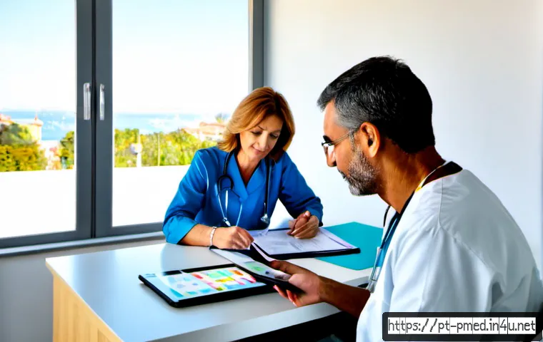 Home 17 예방의학 진단 데이터 해석 방법 - Photorealistic preventive medicine consultation in a bright modern clinic in Portugal, a middle-aged...