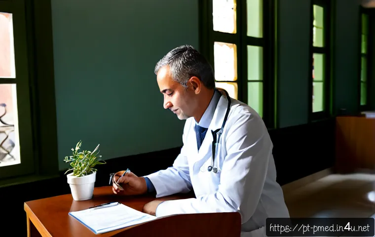 Home 17 예방의학 직무 스트레스 관리법 - Photorealistic preventive medicine physician in a bright Portuguese public health clinic office, tak...